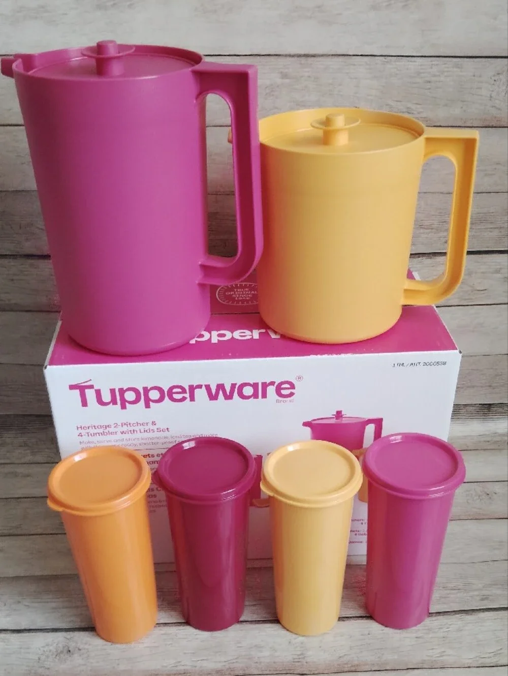 Tupperware Pink and Yellow Heritage 2-Pitcher & 4-Tumbler Set With Lid 12 Pc Set